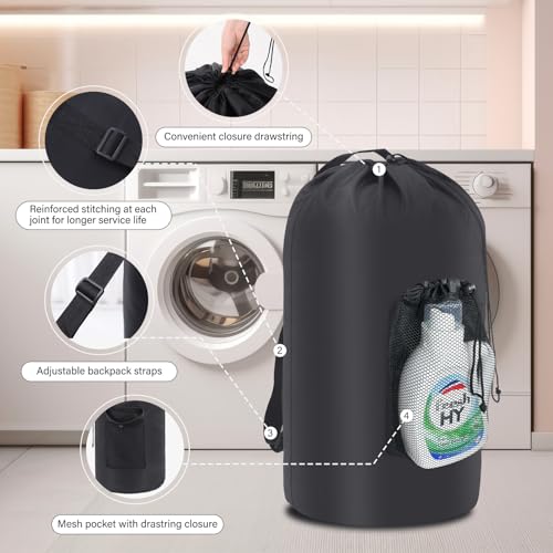 WOOHA 95L Backpack Travel Laundry Bag with Shoulder Straps and Mesh - Durable Polyester Laundry Hampers for Travel, Apartments, Laundromats and Universities (Black)