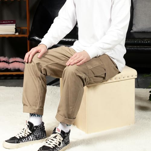 PINPLUS Beige Folding Storage Ottoman Cube, 16inch Velvet Tuffed Storage Ottoman, Foldable Foot Rest Stool with Rivet Tray, Shoes Box Toy Chest and Seat for Living Room, Bedroom