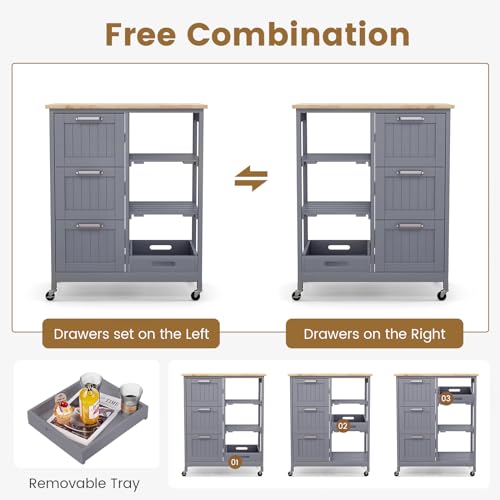 GOFLAME Kitchen Island Cart on Wheels with Storage, Versatile Rolling Cart with Wood Countertop, 3 Drawers, Removable Tray & Lockable Casters, Mobile Serving Trolley for Kitchen, Dining Room, Grey