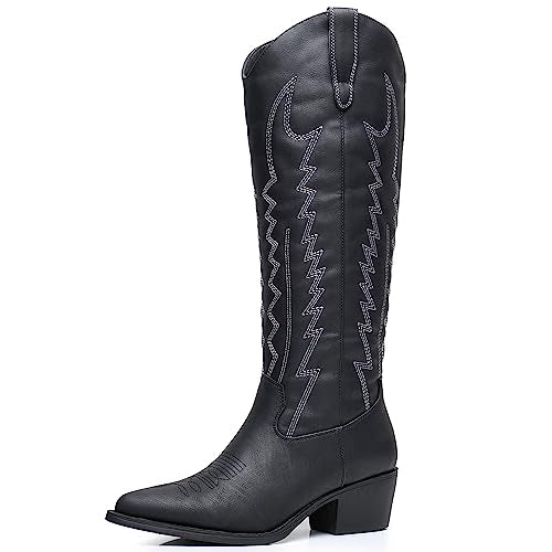 GLOBALWIN Women's White Lass Knee High Long Pointed Toe Boots Western Cowboy Cowgirl Boots Size 11M