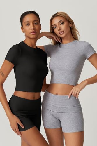 QINSEN Lounge Sets for Women 2 Piece Outfits Cropped Crew Neck Tops Fold Over Shorts Casual Loungewear Black S