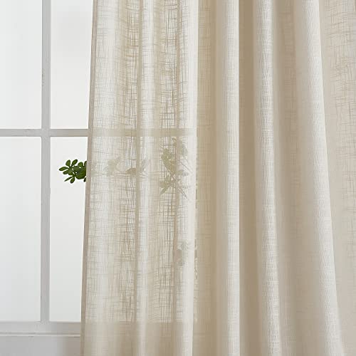VOILYBIRD Linen Semi Sheer Curtains Tab Top Light Filtering Elegant Curtains & Drapes for Living Room 52 x 63 Inch Length, Set of 2 Panels, Beige