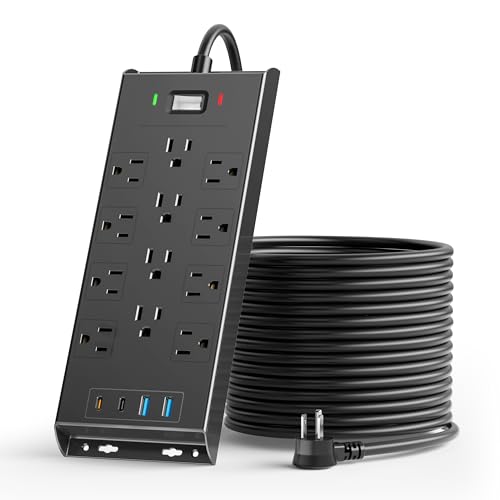Surge Protector Power Strip 4800J - LeZone Flat Plug Extension Cord 5Ft, 12 Outlets 2 USB C 2 USB Ports, Wall Mountable, 20W Desk Charging Station, Black
