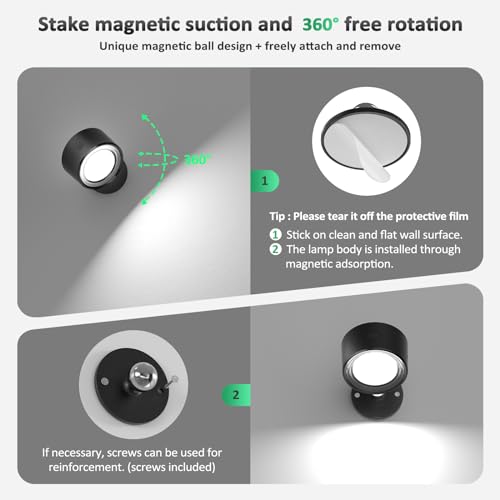 LED Wall Sconces with Remote, Wall Mounted Lights Rechargeable Battery Operated, 3 Color Temperatures & Dimmable Wall Lamp Magnetic 360° Rotation Wireless Light for Bedroom Living Room