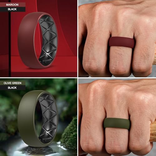 Egnaro Silicone Ring Men 1/4/6/7 Multipack of Breathable Mens Silicone Rubber Wedding Rings Bands with Air Flow Grooves