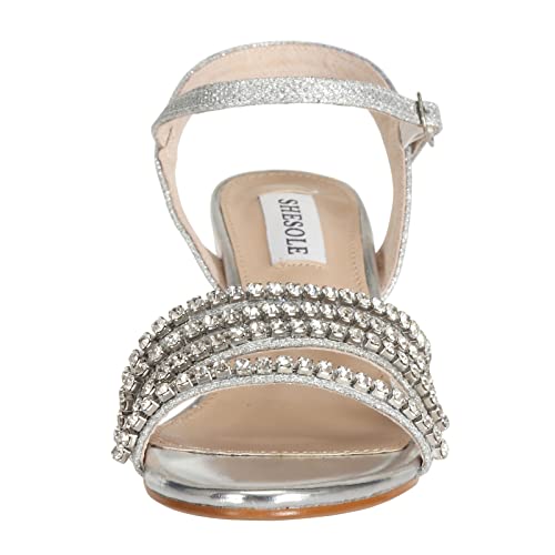SheSole Women's Strappy Open Toe Rhinestone Low Block Chunky Heels Sandals Silver Sandals Wedding Party Dress Shoes for Women Silver US 6