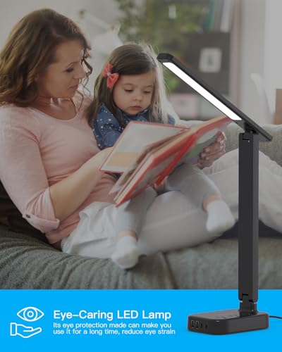 Power Strip with LED Desk Lamp, 3 Outlets 4 USB Ports(2 USBC) 4 Modes 5 Level Touch Lamp Small Desk Lamp for Home Office Bedroom Bedside, Study Reading Light, 5ft Extension Cord, Dorm Room Essentials