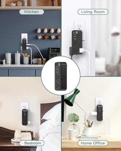 Surge Protector Outlet Extender - with Rotating Plug, 6 AC Multi Plug Outlet with 3 USB Ports, 1800J Wall Charger, 3-Sided Power Strip with Spaced Outlet Splitter for Home, Office, Travel (Black)