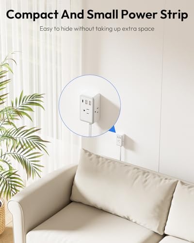 NTONPOWER Flat Extension Cord 5 Feet, Small Flat Plug Power Strip with 3 USB(1 USB-C), 3 Outlets Small Extension Cord, Portable Extension Cord, Compact for Home Office Dorm Room Essentials,White