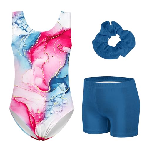 TUONROAD 3 Piece Gymnastics Biketards for Girls Size 8 Girls Sparkly Cute Cat Graphic Athletic Outfits with Cover-up Shorts for Age 9 Child Quick Dry Drift Tumbling Clothes,8 9 Years