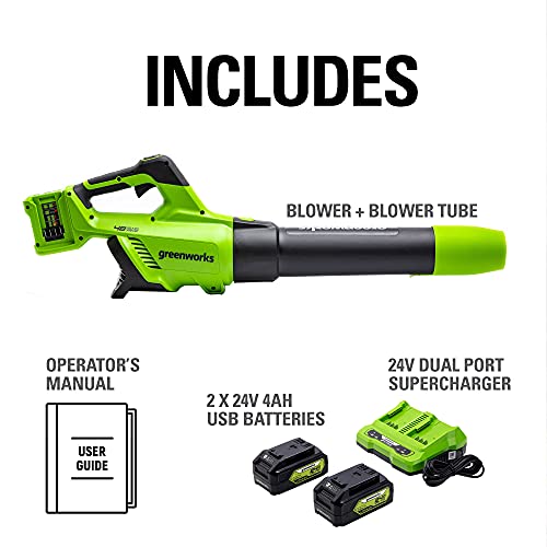 Greenworks 24V (110 MPH / 450 CFM / 125+ Compatible Tools) Cordless Brushless Axial Leaf Blower, 4.0Ah Battery and Charger Included