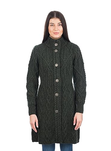 SAOL 100% Merino Wool Aran Cable Long Knit Women Cardigan Coat with Celtic Knot Buttons (Army Green, X-Small)