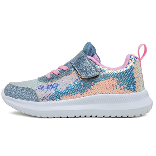 Toandon Girls Kids Sneakers Glitter Shoes Breathable Lightweight Elastic Band Athletic Running Walking Sparkle Glimmer Fashion Outdoor Child Strap White Size 1