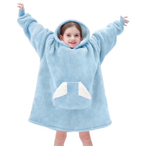 Touchat Wearable Blanket Hoodie, Oversized Sherpa Blanket Sweatshirt with Hood Pocket and Sleeves, Super Soft Warm Plush Hooded Blanket for Kids, One Size Fits All (Airy Blue)