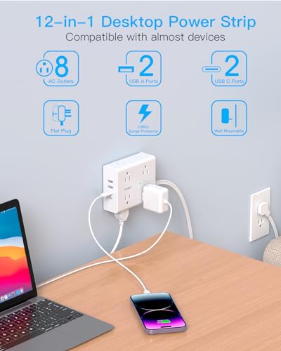 Surge Protector Power Strip, 5Ft Flat Extension Cord Flat Plug with 4 USB Charging Ports (2 USB C) 8 Widely Outlets, 1080J Wall Mount Outlet Extender, Office Supplies, Dorm Room Essentials
