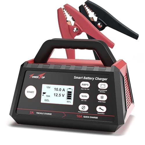TowerTop Smart Car Battery Charger: 10A Battery Chargers 6V/12V Boat Battery Chargers with Auto Desulfator, Repair, Maintainer, Winter Mode, Suitable for AGM, Lithium (LiFePO4), Deep-Cycle Batteries