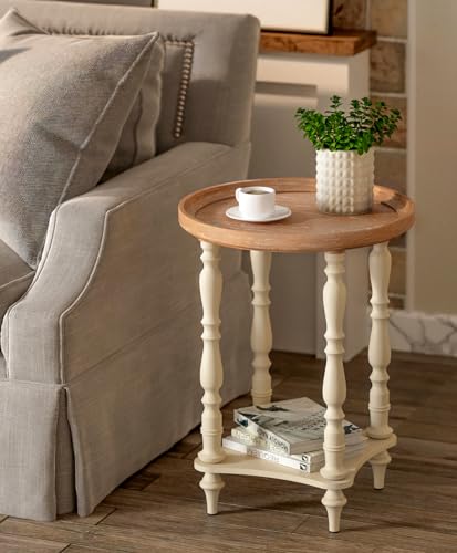 VONLUCE French Country End Table, 19'' Round Farmhouse Side Table, Distressed Wood Tray Top Rustic Accent Table for Living Room Bedroom, Small Space, Beige