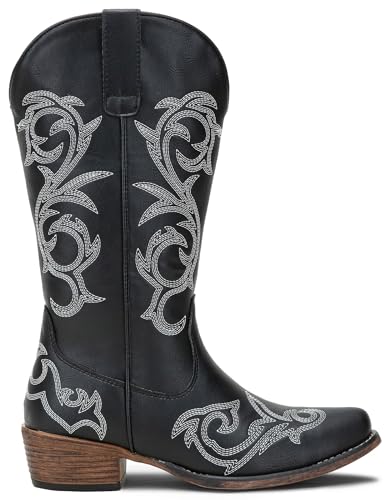 Jeossy Women's 9808 Whisky Cowboy Boots for Women, Round Toe Cowgirl Boots, Western Embroidered Mid High Wide Calf Chunky Pull on Boot with Inner Zipper Size 6(DJY9808 Whisky 06)