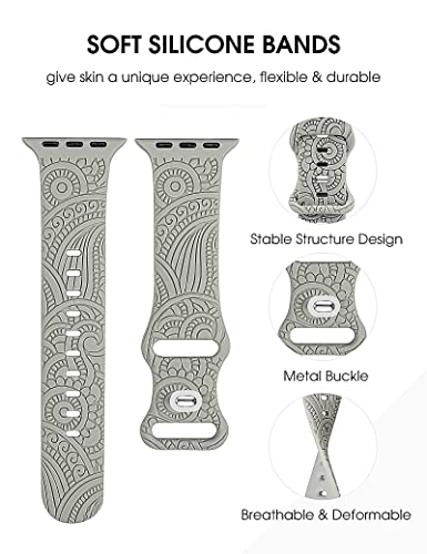 TOYOUTHS 2 Packs Boho Engraved Bands Compatible with Apple Watch Bands 45mm 44mm 42mm 49mm Women Men Girl, Bohemian Designer Sport Silicone Dressy Straps for iWatch Series 9/Ultra/SE/8/7/6/5/4/3/2/1