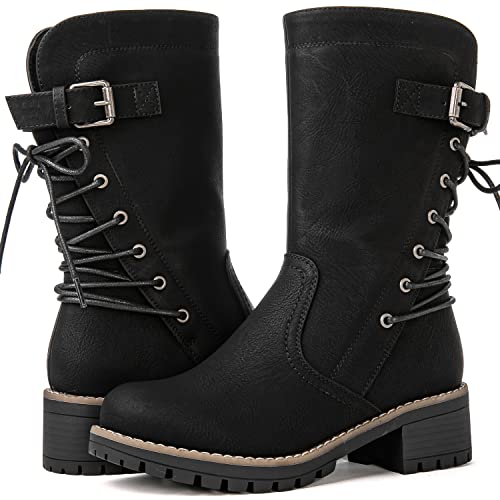 GLOBALWIN Women's Biker Boots Lace up Mid Calf Motorcycle Fashion Festival Boots Combat Riding Military Boots for Women Black Size 11
