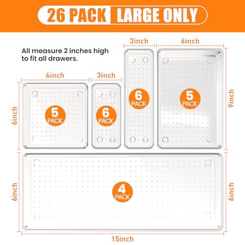 Criusia 26 Pack Large Clear Plastic Drawer Organizer Bins -Heavy Duty Acrylic Kitchen Drawer Organizers and Storage for Utensils -Bathroom Drawer Organizer Trays for Makeup Office Organization