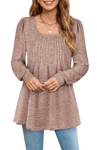 Zwurew Blouses for Women 2024 Fashion Fall Long Sleeve Tunic Tops Dressy Scoop Neck Pleated Peplum Boho Shirts