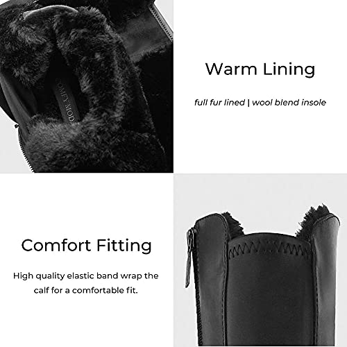 Comfy Moda Black Knee High Boots for Women, Waterproof Leather Winter Boots with Fur Lined, Flurry Size 11