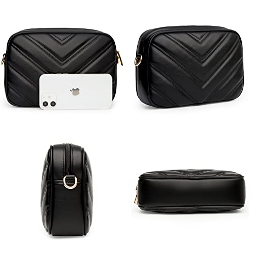 Herald Chevron Quilted Small Crossbody Bag with Coin Purse Pouch, Women Square Camera Side Shoulder 2 Size Handbags (Black)