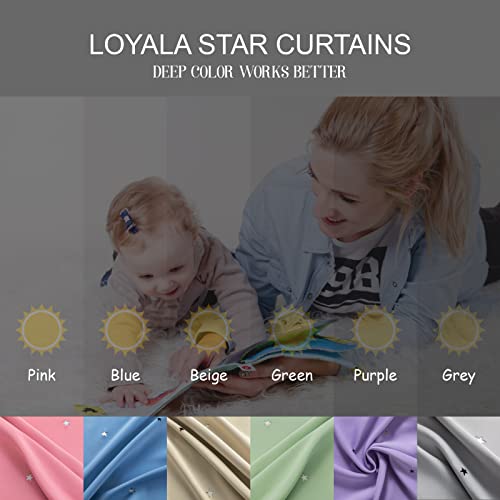 Loyala Star Curtains - Blackout & Rainbow Kids Bedroom Curtains, 63 Inch Long, 2 Panels, Beige, Blue & Pink