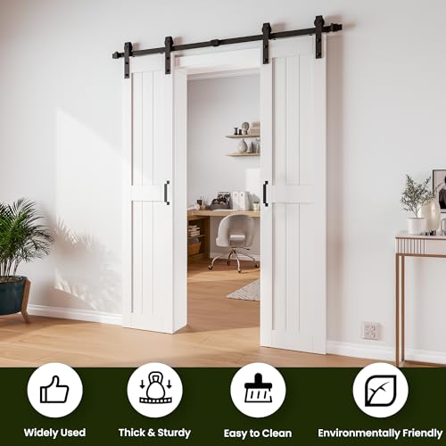 SmartStandard 84 x 84 in (Double 42x84 Door) White Barn Door with 14FT Sliding Hardware Kit & Handle, Pre-Drilled Ready to Assemble, Waterproof PVC Coating, H-Frame