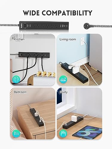 2 Pack Surge Protector Power Strip 6 FT, Extension Cord with 6 Outlets 2 USB Ports (PD 20W), Flat Plug Power Strip 980J, Overload Protection and Wall Mount for Home Dorm Room Essentials, Black