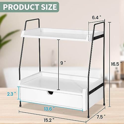 Y&ME YM 2-Tier Wood Bathroom Countertop Organizer with Drawer, 15.2"x7.5"x2.3"