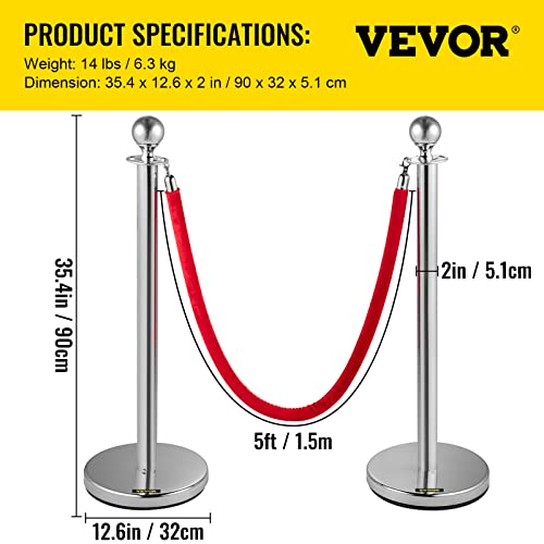 VEVOR Velvet Ropes and Posts, 8 Pcs, 5 ft Red Velvet Rope, Stanchion Post with Ball Top, Crowd Control Barriers, Red Carpet Poles for Party Supplies