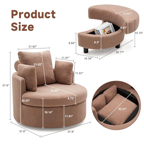 AYEASY Swivel Chair with Half Moon Storage Ottoman, Round Oversized Swivel Barrel Chair with Base Storage for Living Room, 360°Modern Swivel Accent Chair with 3 Pillows for Home, Teddy Fabric,Beige