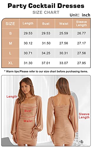 MASCOMODA Mesh Long Sleeve Dress for Women 2024 Cocktail Dress Square Neck Ruched Bodycon Wedding Party Floral Mini Dresses(Orange Red,Small)