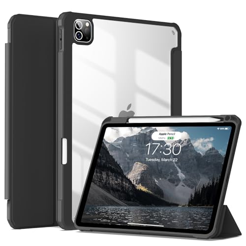 JKSML Case for iPad Pro 11, Case with Pencil Holder for iPad Pro 11 Inch 4th/3rd/2nd Generation 2022/2021/2020, Transparent Protective Case for iPad Pro 11, Supports Pencil 2 Charging, Black