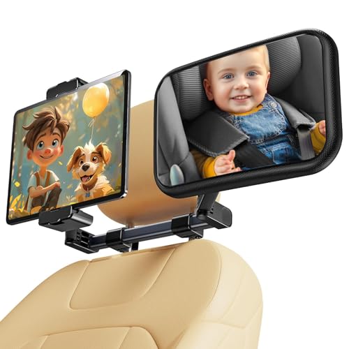Qloztyse Baby Car Mirror for Baby Rear Facing - Infant Back Seat Mirrors With Holder and Hooks for Fixed Headrest Safety Large Wide Adjustable Auto Rearview, 2 In 1