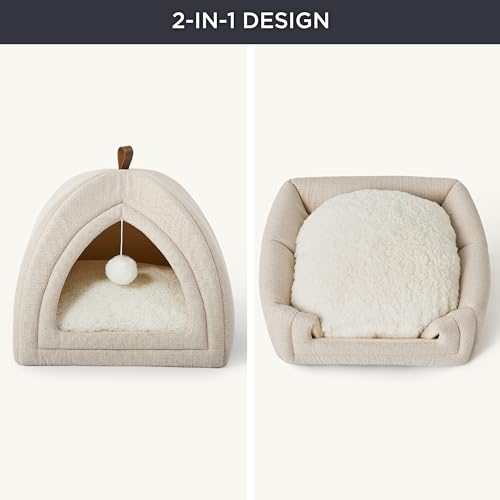 Bedsure Cat Beds for Indoor Cats - 2 in 1 Cat Cave for Kittens and Small Pets, Foldable Cat House Tent with Removable Washable Cushioned Pillow, Cat Hideaway with Non-Slip Bottom, Beige, 16 inches