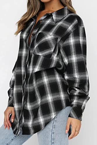 CHYRII Womens Button Down Flannel Shirts Long Sleeve Plaid Shacket Business Casual Blouse Topss Pink-7123 M