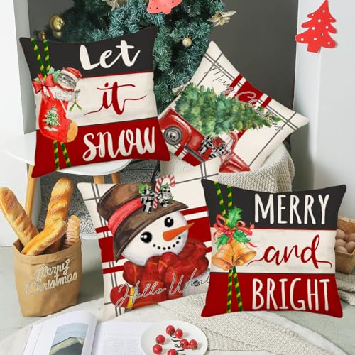 Smilyard Christmas Decorative Pillow Covers 16x16 Inch Set of 4 Merry Bright Christmas Tree Red Truck Snowman Let it Snow Cat Stocking Jingle Bells Decor Winter Pillows Cushion Case for Home Couch