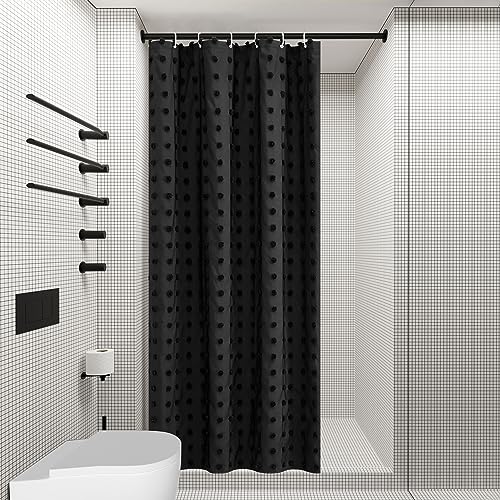 Extra Long Boho Farmhouse Shower Curtain Woven Fabric White Shower Curtain, 72 x 78 Tufted Pleat Floral Puffs Textured Modern Farmhouse Minimalist Shower Curtain Set with Hooks for Bathroom