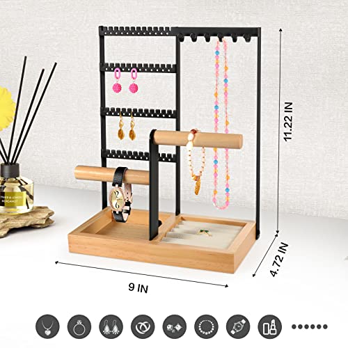 Godboat Jewelry Holder Organizer, 4-Tier Earring Holder with 48 Holes, 6 Hooks Necklace Holder, Removable Bracelet Holder, Gifts for Women, Mom, Mother's Day, Cool Preppy Stuff and Room Decor, Black