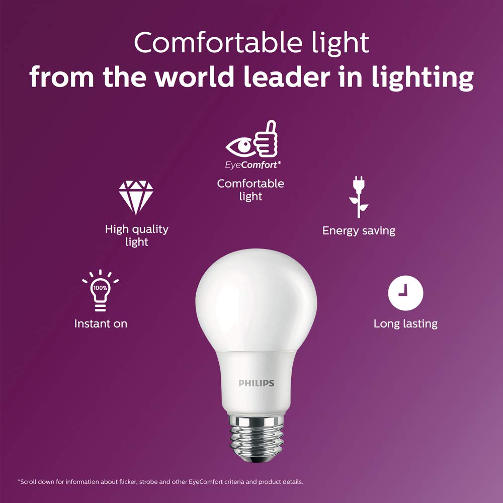 Philips LED Basic Frosted Non-Dimmable A19 Light Bulb - EyeComfort Technology - 1500 Lumen - Daylight (5000K) - 13.5W=100W - E26 Base - Old Version- Indoor - 4-Pack