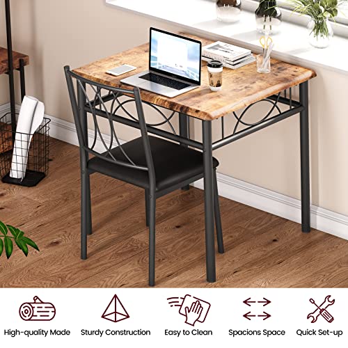 Amyove 3 Piece Kitchen Table Set, Dining Table and Chairs for 2, Metal and Wood Square Dining Room Table Set with 2 Upholstered Chairs, Kitchen Table Set for Small Space, Apartment, Rustic Brown