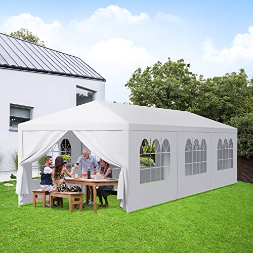 LEMY Gazebo Tent, Outdoor Canopy Shelter with Removable Sidewalls and Windows, Waterproof Heavy Duty Canopy for Patio, Garden, Party Wedding, 10' x 30', White