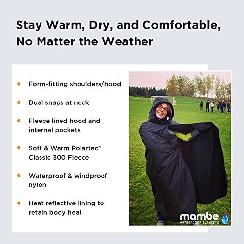 Mambe Small Extreme Weather Hooded Blanket Black - 100% Waterproof and Windproof with Premium Stuff Sack - Perfect for Stadiums and Watching Sports Activities - Machine Washable Fleece