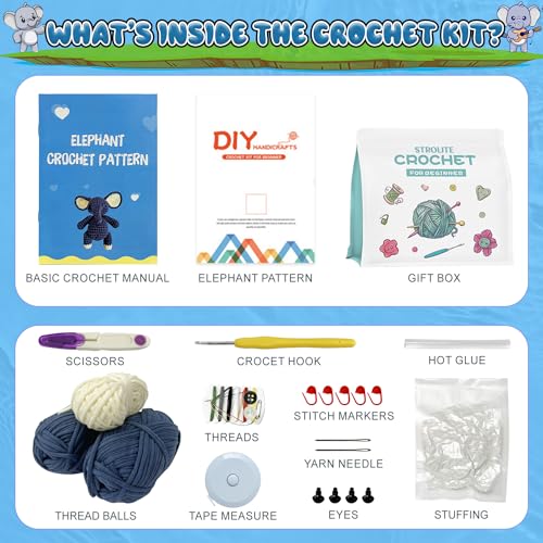 STROLITE Crochet Kit for Beginners, Elephant Crochet Animal Kits for Adults and Kids, with Step-by-Step Video Tutorials, Knitting Kit Starter Pack, DIY Knitting Supplies, Amigurumi Crochet Kit Gifts