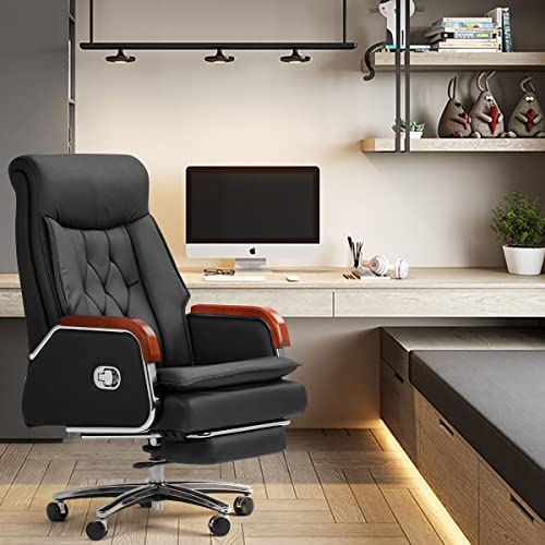 Kinnls Cameron Massage Chair Genuine Leather Executive Office Chair for Long Hours Ergonomic Home Chair Fully Reclining with Pillow,Retractable Footrest and Adjustable Headrest (Cowhide Leather-Black)