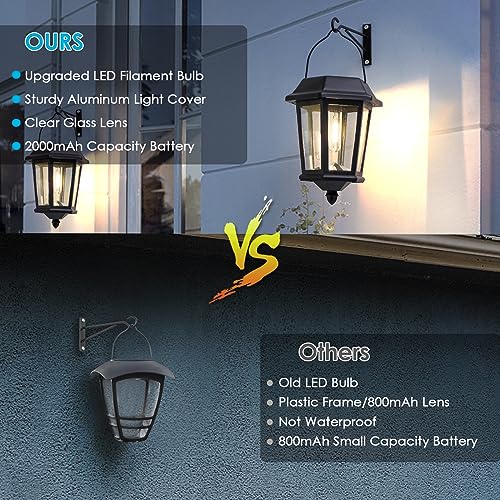 Hanging Solar Lanterns Outdoor, 2 Pack Glass Solar Lights Outdoor Waterproof, Auto ON/Off Solar Wall Lanterns for Outside Porch, Patio and Yard