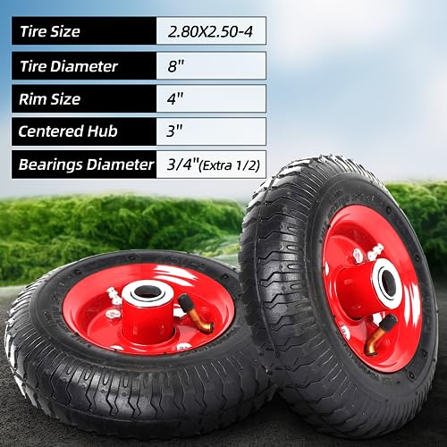 AR-PRO (2-Pack) 2.80/2.50-4" Tire and Wheel Set - 8 Inch Wheelbarrow Tire and Wheel Replacement with 3/4" Bearings and 3" Centered Hub - Extra Adapter kit includes 1/2" Bearings